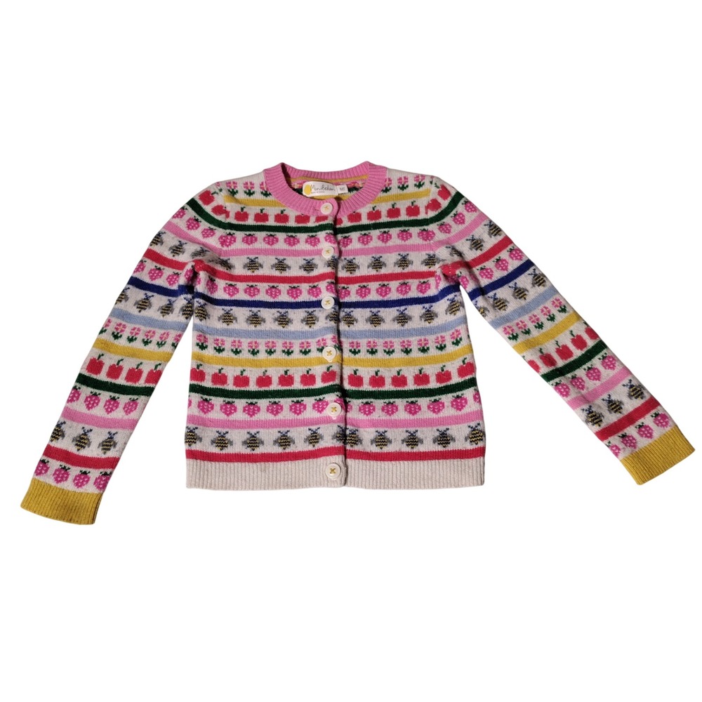 Mini Boden Kids Fair Isle Bee Strawberry Apple Cardigan Sweater Pink Multi 5-6Y